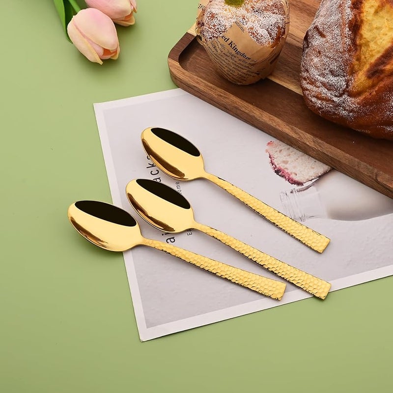 Hammered Stainless Steel Flatware Set 8 Pieces Teaspoon Mirror Finished Vintage Kitchen Cutlery - Image 3